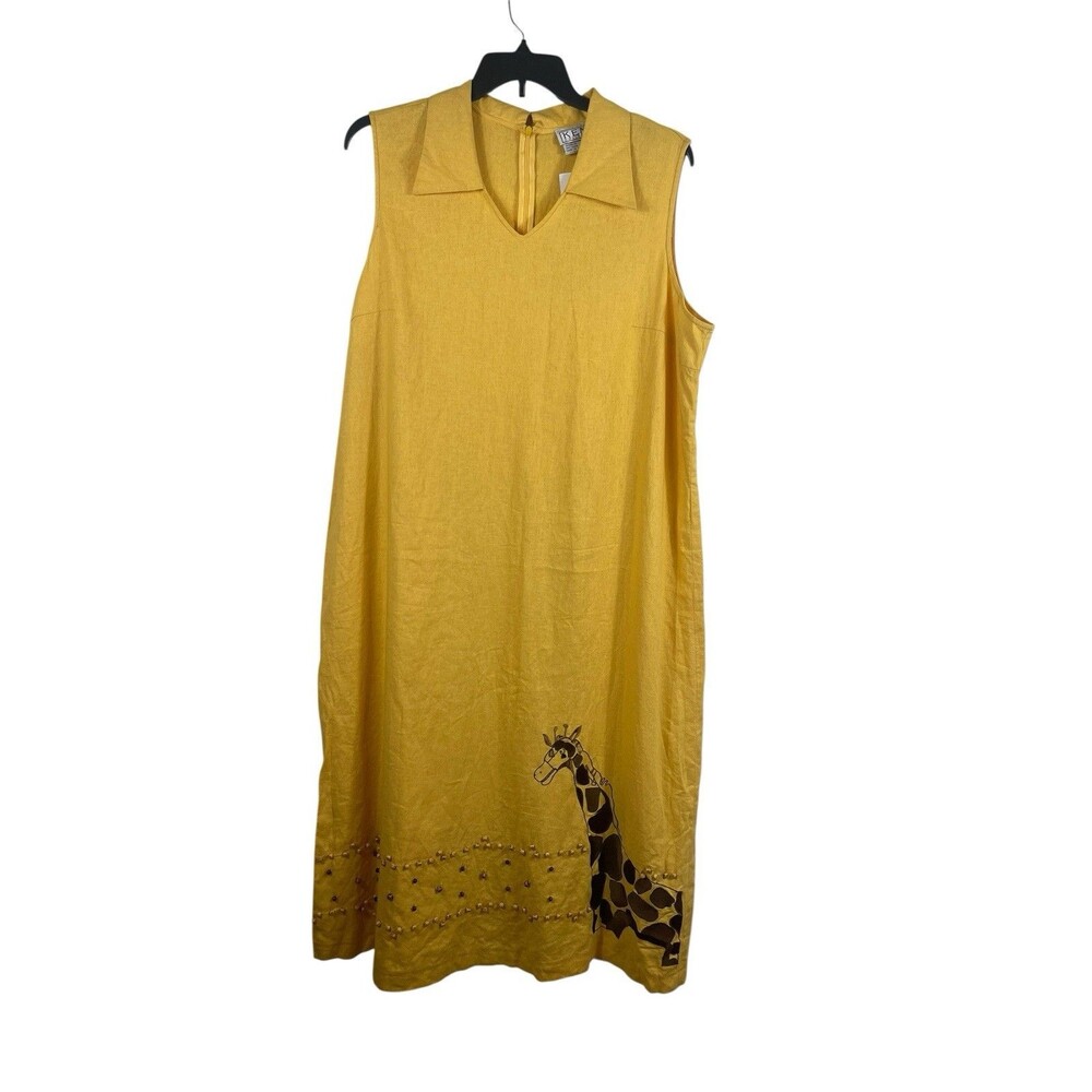 VTG Kemp Yellow Linen Blend Midi Dress 22W Sleeveless Giraffe Embroidered NWT